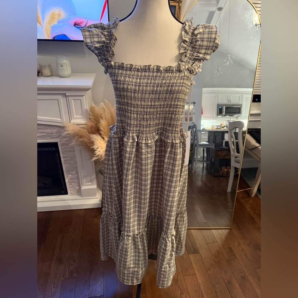 Lumiere Greenish Greyish Gingham Puff sleeveless dress size large BNWT